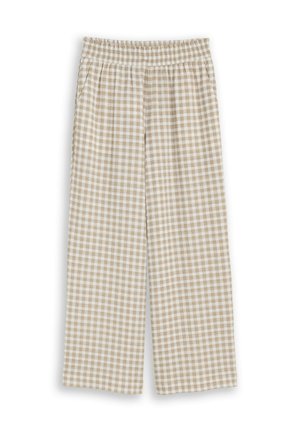 Beige and white checkered wide-leg pants with an elastic waistband and side pockets, displayed flat on a white background.