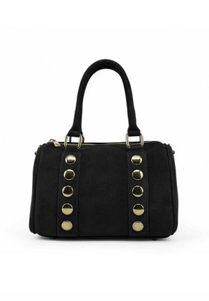 Sac à main noir avec deux poignées, clous ronds dorés disposés en deux rangées verticales, et fermeture à glissière sur le dessus, sur fond blanc.