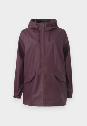 Veste imperméable violette avec capuche, fermeture éclair à l'avant, deux poches latérales, poignets élastiques et finition lisse mate. Idéale pour les temps humides.