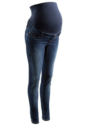 Dunkelblaue Umstandshosen im Skinny-Style aus dehnbarem Denim mit elastischem Bund und Fronttaschen; bietet eine schmale Passform und blaue Stickdetails.