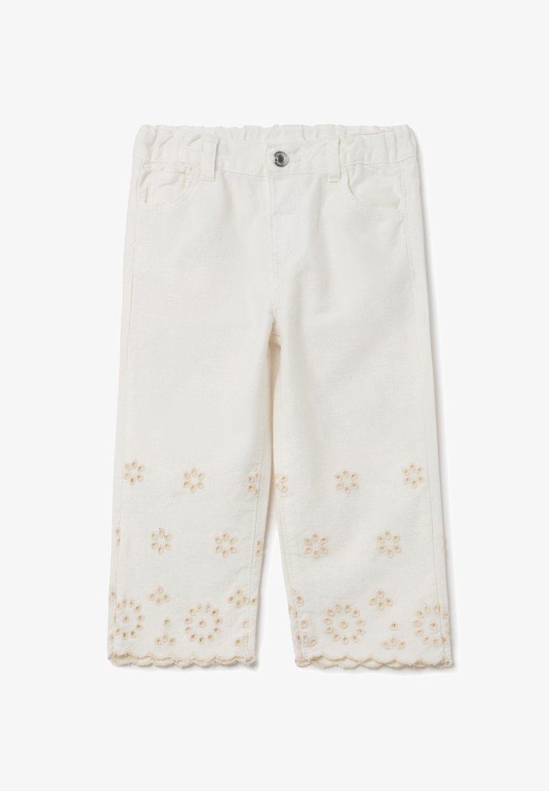 Pantalons en coton blanc avec une texture lisse, ornés de motifs floraux brodés en beige le long de l'ourlet et d'un bord festonné. Taille élastique.