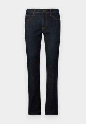 Dunkelblaue Jeans aus Denim mit geradem Bein, orangefarbener Naht, fünf Taschen und einem frontalen Knopfverschluss.