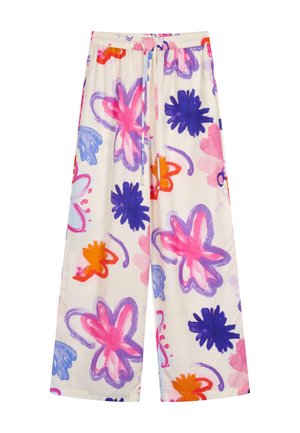 Bredde ben bukser i bomuld i cremefarve, med et blomsterprint i pink, blå, lilla og orange. Elastisk talje med snoretræk.