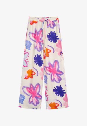Pantaloni in cotone a gamba larga color crema, con un motivo floreale in rosa, blu, viola e arancione. Vita elasticizzata con cordino.