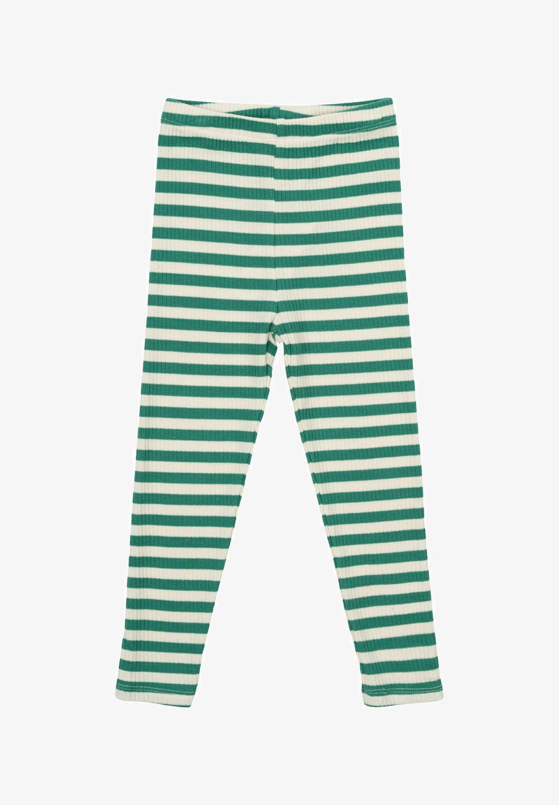 Zielono-białe legginsy w paski wykonane z prążkowanej tkaniny, z elastycznym pasem i wąskim krojem nogawek.