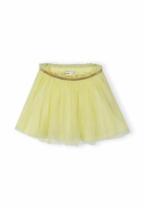 Jasnożółta spódnica z tiulu z elastycznym pasem i złotym brokatowym wykończeniem, zaprojektowana dla dzieci.