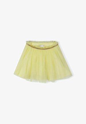Jupe en tulle jaune clair avec ceinture élastique ornée d'un bord à paillettes dorées, conçue pour les enfants.