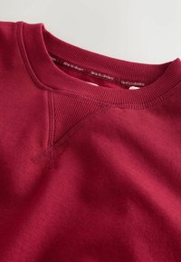 Punaharmaa collegepaita pehmeästä kankaasta, jossa on ribbineulottu pääntie, ompelusaumoja ja kauluksen sisäpuolella oleva "time to dream" -etiketti.