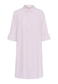 Abito a righe in rosa chiaro e bianco. Presenta un colletto, chiusura con bottoni, maniche a tre quarti e polsini arricciati. Tessuto morbido.