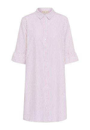 Csíkos ingruha világos rózsaszín és fehér színben. Galléros nyakához gombos elülső rész, háromnegyedes ujjak és fodros mandzsetta tartozik. Puha szövettextúrája van.