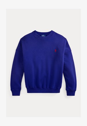 Kongeblå collegegenser i bomull, med rund hals, ribbestrikkede mansjetter og nederst, samt en liten rød logo på brystet. Glatt tekstur.