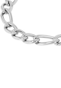 Collana in metallo argentato con catena caratterizzata da forme ovali e rotonde interconnesse, con una finitura lucida e una texture liscia.
