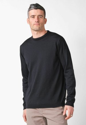 Mand med kort mørkt og gråt hår iført en sort langærmet sweater og beige bukser, stående foran en hvid baggrund.