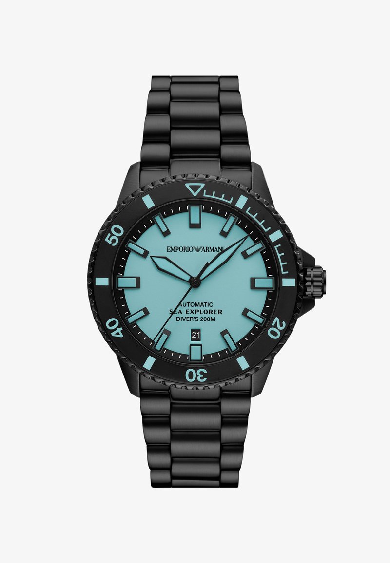 Schwarze Taucheruhr aus Edelstahl mit einem türkisfarbenen Zifferblatt, leuchtenden Markierungen, drehbarer Lünette und Datumsanzeige. Wasserdicht bis 200 Meter.