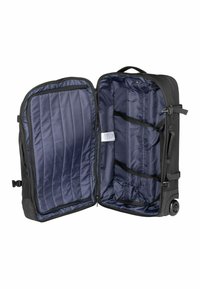 Sac à roulettes noir avec une fermeture éclair ouverte. L'intérieur présente une doublure lisse bleu marine avec des sections rembourrées et des sangles ajustables pour sécuriser les objets.