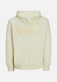 Cremefarvet hætte sweatshirt med et stort "MALIBU" logo i dæmpet gul, ribbede manchetter og kant, samt et klassisk fit design.