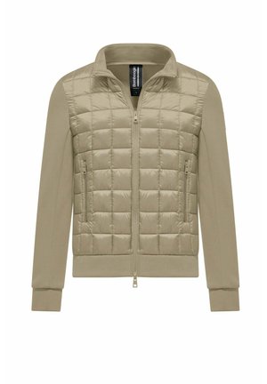 Jasno brązowa pikowana kurtka z suwakiem z przodu, długimi rękawami, stójką i zapinanymi na zamek bocznymi kieszeniami.