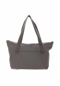 Borsa a spalla grigia realizzata in tessuto texturizzato, con due manici lunghi e chiusura con zip nella parte superiore. Design semplice e rettangolare.