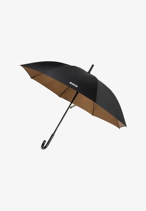 Black umbrella with a brown interior, featuring a curved black handle and the brand name "BOSS" in white on one panel.