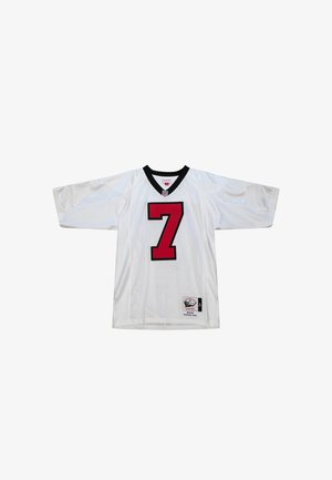 Maillot en maille blanche avec un grand numéro 7 rouge sur le devant, col en V noir et manches courtes. Comprend une étiquette du fabricant à l'ourlet.