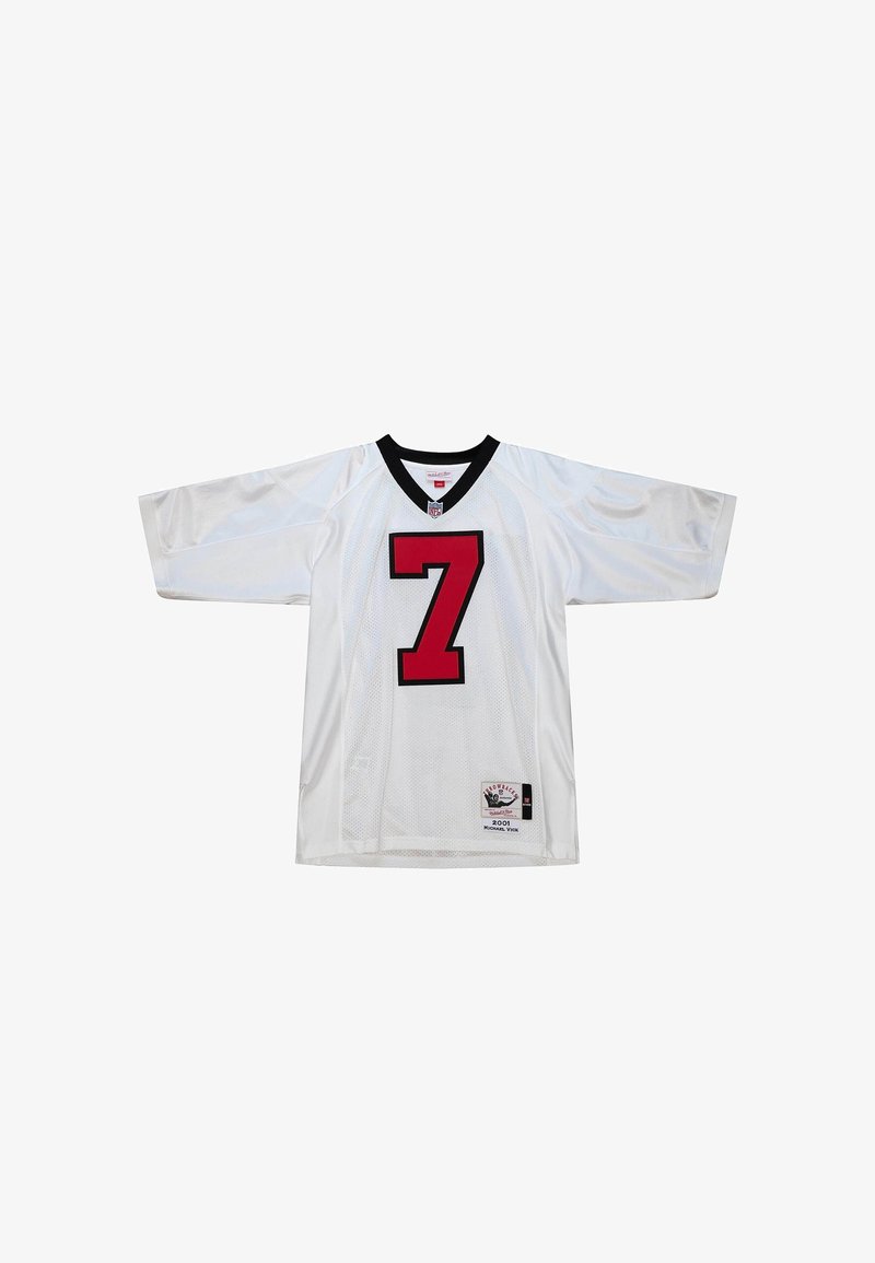 Maillot en maille blanche avec un grand numéro 7 rouge sur le devant, col en V noir et manches courtes. Comprend une étiquette du fabricant à l'ourlet.