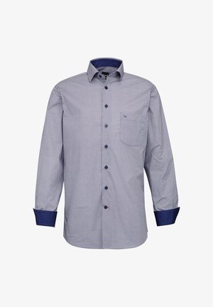 Button-up Hemd in hellblau mit weißem geometrischem Muster, mit einfarbigen navyfarbigen Manschetten und Kragen. Enthält eine Tasche auf der linken Seite.