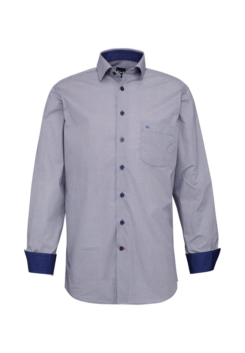 Camicia a bottoni in blu chiaro con motivo geometrico bianco, con polsini e colletto solidi in blu navy. Include una tasca sul lato sinistro.