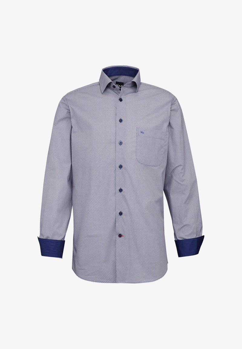 Camicia a bottoni in blu chiaro con motivo geometrico bianco, con polsini e colletto solidi in blu navy. Include una tasca sul lato sinistro.