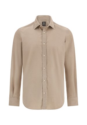 Beige langemouwen overhemd van gladde stof. Heeft een klassieke kraag, knoopsluiting aan de voorkant en een effen textuur zonder patronen of accenten.