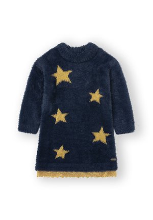 Vestido largo de manga larga de color azul marino y peludo, con cinco grandes estrellas amarillas y un dobladillo de encaje amarillo, diseñado para niños.