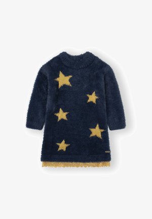 Vestido largo de manga larga de color azul marino y peludo, con cinco grandes estrellas amarillas y un dobladillo de encaje amarillo, diseñado para niños.