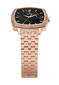 Montre carrée en or rose avec un cadran noir marbré, un boîtier texturé et un bracelet en maille tissée. Les accents comprennent des index horaires en argent.