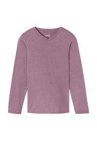 Long-sleeve, V-neck shirt in a muted mauve color. Soft fabric with a smooth texture and a relaxed fit. No visible patterns or accents.