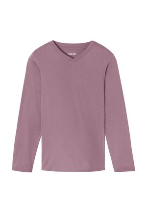 Long-sleeve, V-neck shirt in a muted mauve color. Soft fabric with a smooth texture and a relaxed fit. No visible patterns or accents.