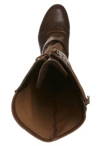 Brązowy skórzany kozak do kolana z zaokrąglonym noskiem, fakturowaną cholewką, sznurowaniem i bocznym zamkiem błyskawicznym. Wnętrze wyłożone gładką, jasnobrązową tkaniną.