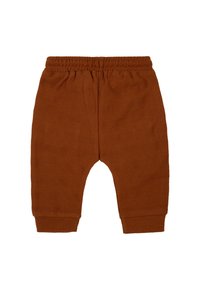 Felle bruine katoenen joggingbroek met een getextureerd visgraatpatroon, elastische tailleband en ribgebreide boorden. Tapered leg-design voor comfort.