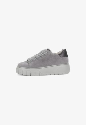 Gray suede sneaker with textured gray laces, a contrasting dark heel, and a thick, light gray sole. Low-profile design with minimal accents.