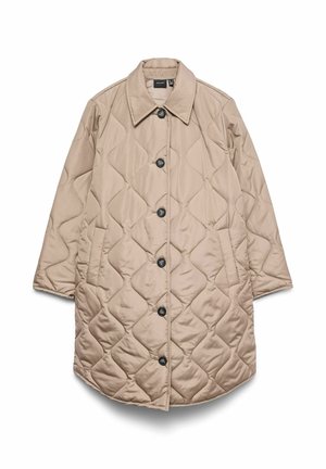 Manteau matelassé beige avec boutons noirs, col classique, poches latérales et manches longues, conçu pour le temps froid.