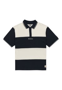 Navy blue and cream striped polo shirt, short sleeves, with a collar. Features "Element" logo on the front and contrasting trim details.