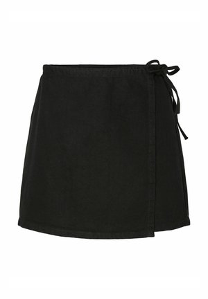 Juodas medvilninis apvanas sijonas su kaklaraiščio uždarymu, tiesus kirpimas ir iki vidurio šlaunies ilgio. Sukurtas su lygiu paviršiumi ir minimalistiniu dizainu.