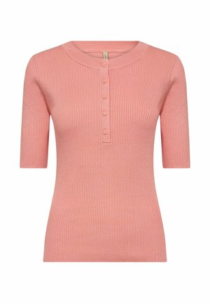 Top à manches courtes en maille côtelée de couleur rose doux, avec un col rond, une fermeture à boutons sur le devant et une finition lisse et texturée.