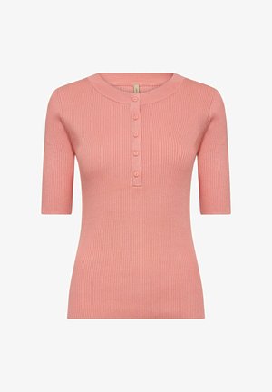 Trumpet trumpas rankovėmis, minkštos rožinės spalvos, su apvaliu iškirpimu, mygtukų uždarymu priekyje ir lygiu, tekstūruotu paviršiumi.