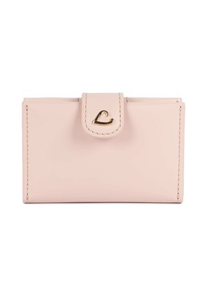 Light pink leather wallet with stitched edges, a snap closure tab, and a small gold heart-shaped metal emblem.