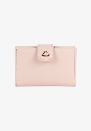 Light pink leather wallet with stitched edges, a snap closure tab, and a small gold heart-shaped metal emblem.