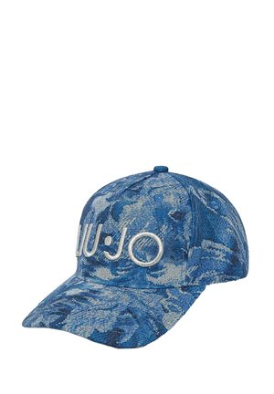 Cappellino da baseball in denim blu con visiera curva e logo "LIU JO" bianco ricamato sul pannello frontale.