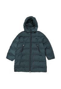 Kurtka puchowa w ciemnozielonym kolorze z kapturem, z pikowanym wzorem, dwoma przednimi kieszeniami na zamek i regulowanym ściągaczem przy szyi.