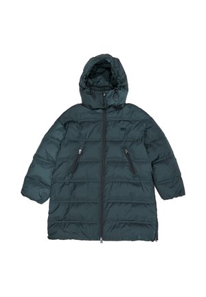 Kurtka puchowa w ciemnozielonym kolorze z kapturem, z pikowanym wzorem, dwoma przednimi kieszeniami na zamek i regulowanym ściągaczem przy szyi.