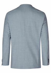 Lichtblauwe blazer van een gestructureerde stof, met een enkele split aan de achterkant en drie knopen bij de manchetten. Eenvoudige kraag en op maat gesneden vorm.