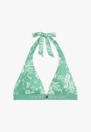 Πράσινο τριγωνικό μπικίνι με λουλουδάτο σχέδιο, λουριά στον λαιμό που δένουν, και ελαστική ζώνη με λογότυπο.