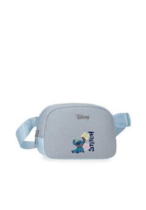Riñonera azul claro de Disney con Stitch, correa ajustable, cremallera y diseño de flores coloridas junto al personaje Stitch y texto.